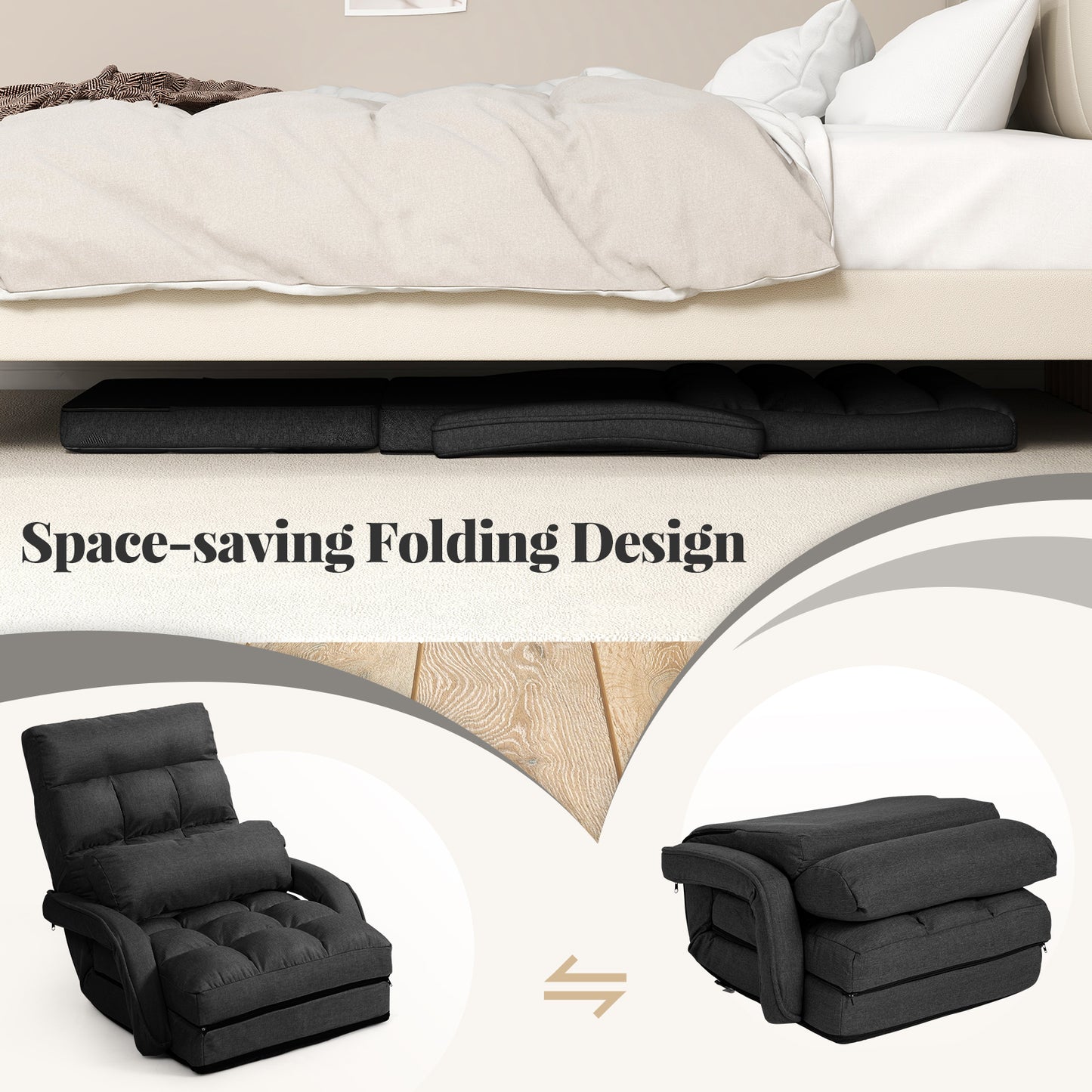 Adjustable Folding Floor Lazy Chair with Pillow-Dark Grey