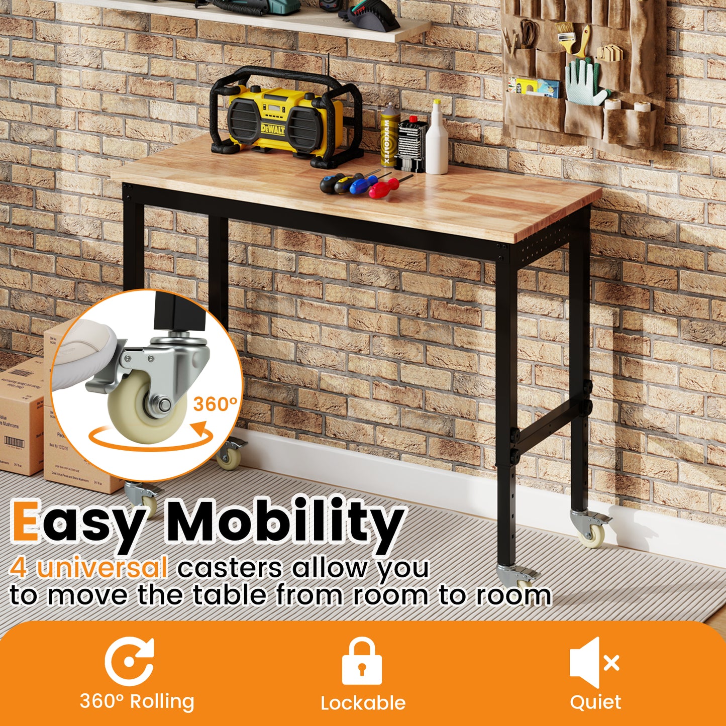 Adjustable Workbench with Wheels and Heavy-Duty Metal Frame-Natural