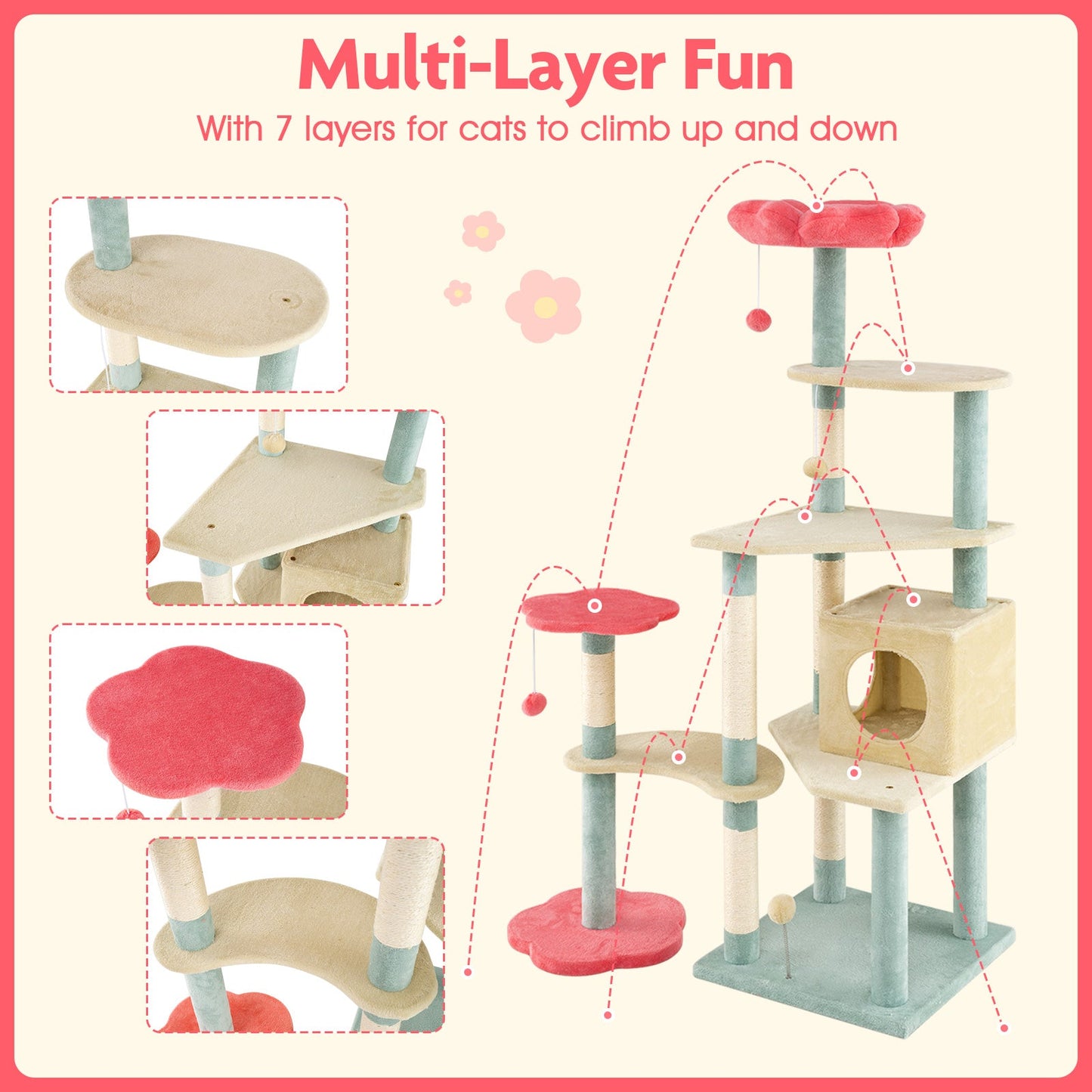 Multi-Level Aesthetic Floral Kitten Tower with Condo and Perch-Red