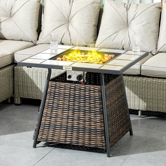 Outsunny Square Outdoor PE Rattan Fire Pit Table Gas Burner Heater w/ Control Panel, Slate Top, Lid and Lava Rocks, 50,000 BTU