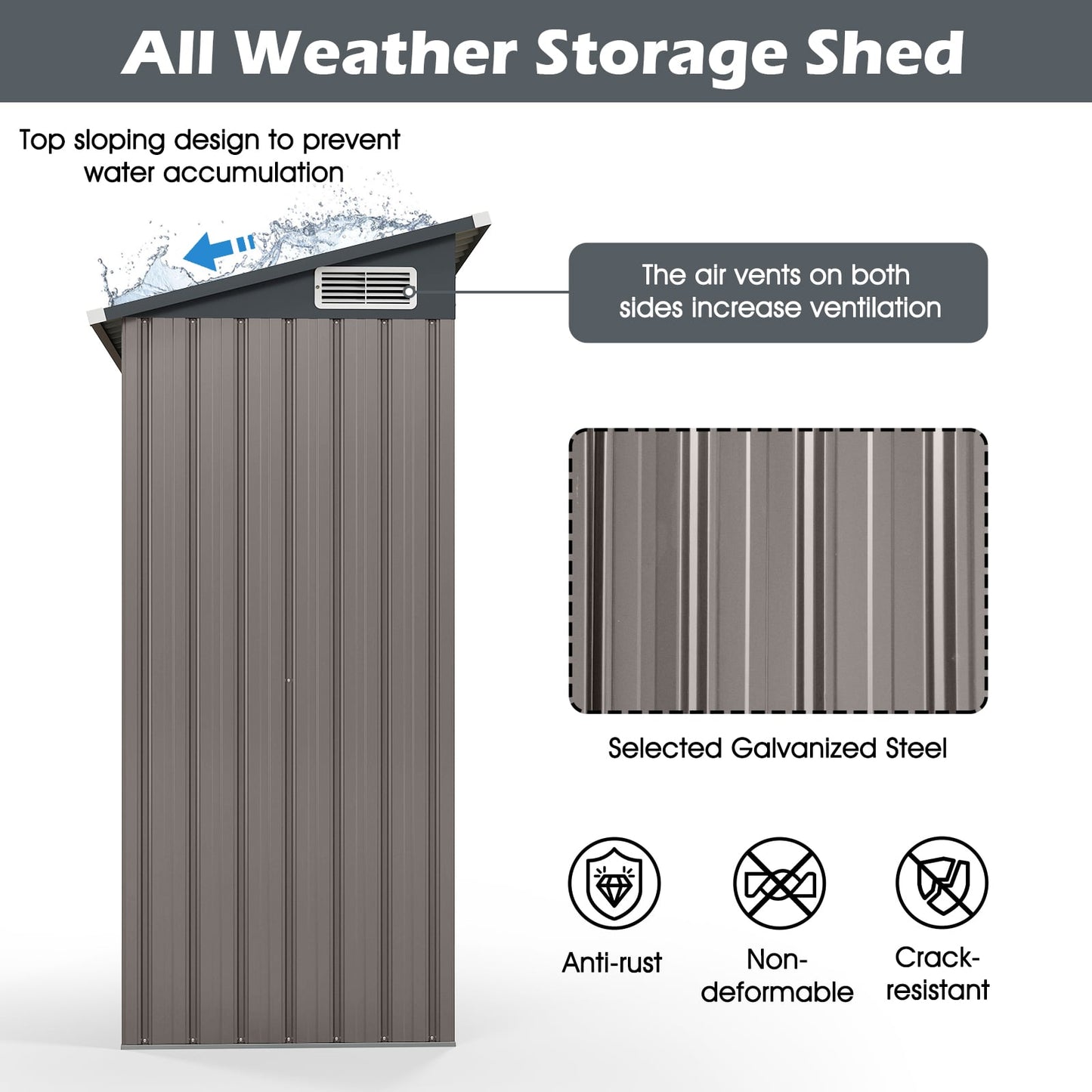 All-Weather Storage Shed with Top Sloping Design-Grey