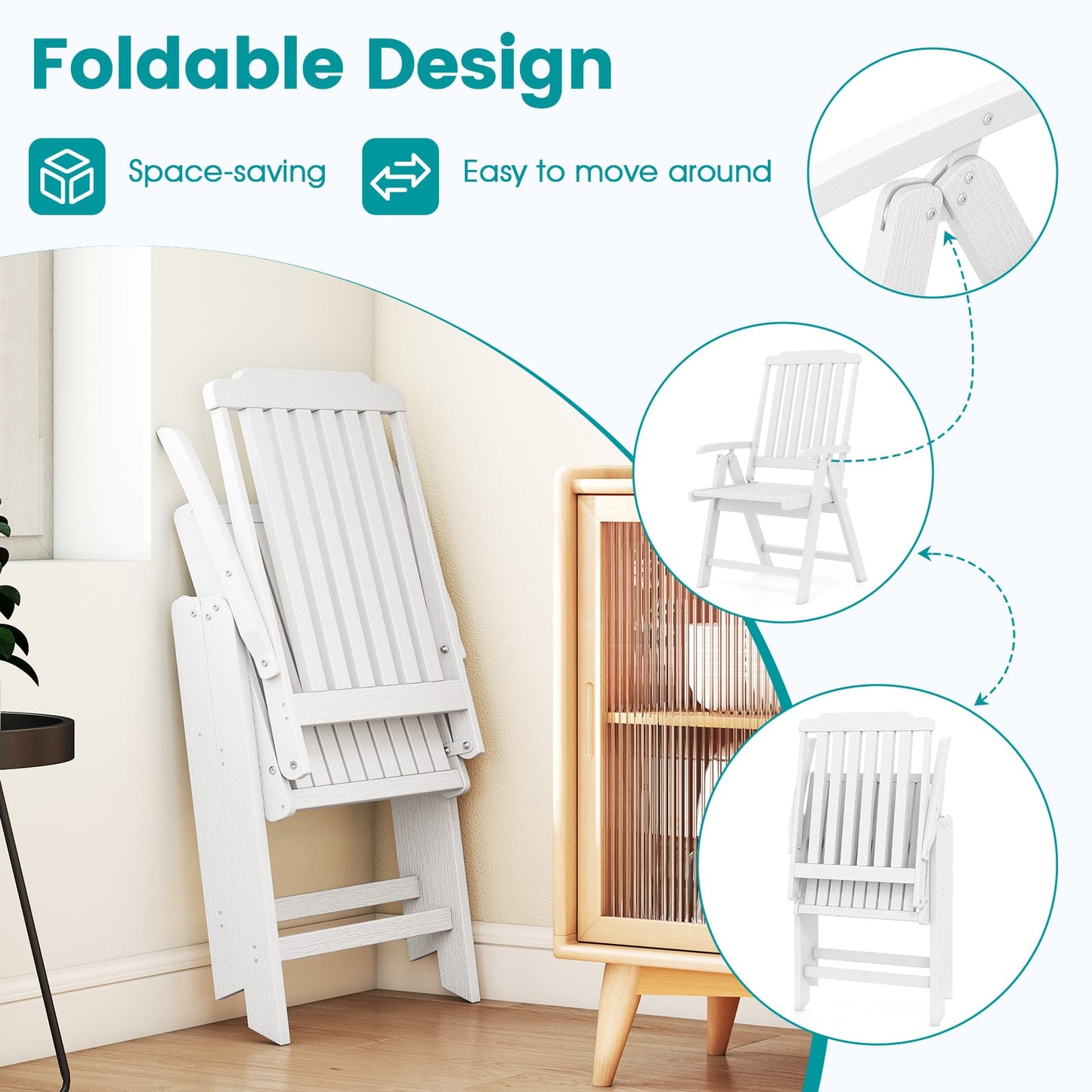 Foldable Patio Chair All-Weather HDPE Outdoor Dining Chair with Armrest-White