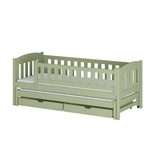 Green children's bed with white mattress on a white background