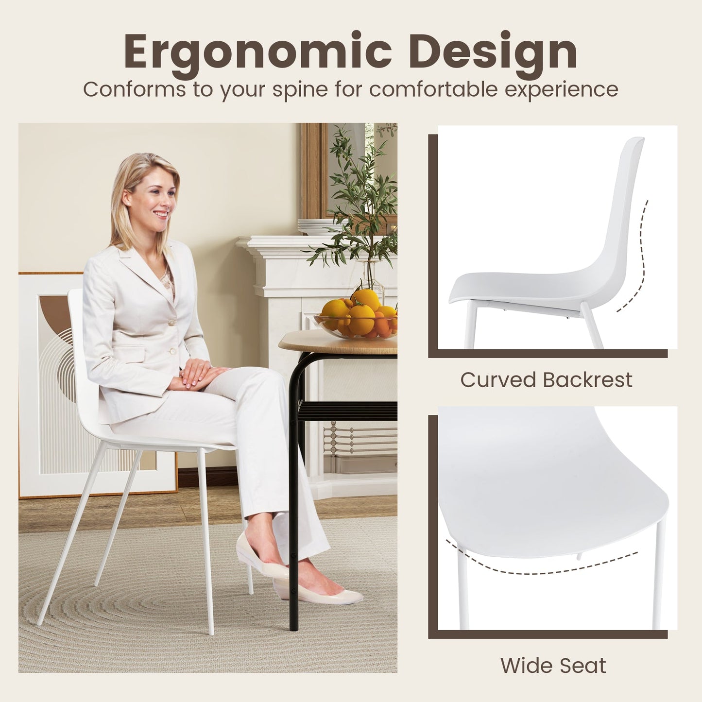 Armless Dining Chair Set of 4 Metal Leg Leisure Chair-White