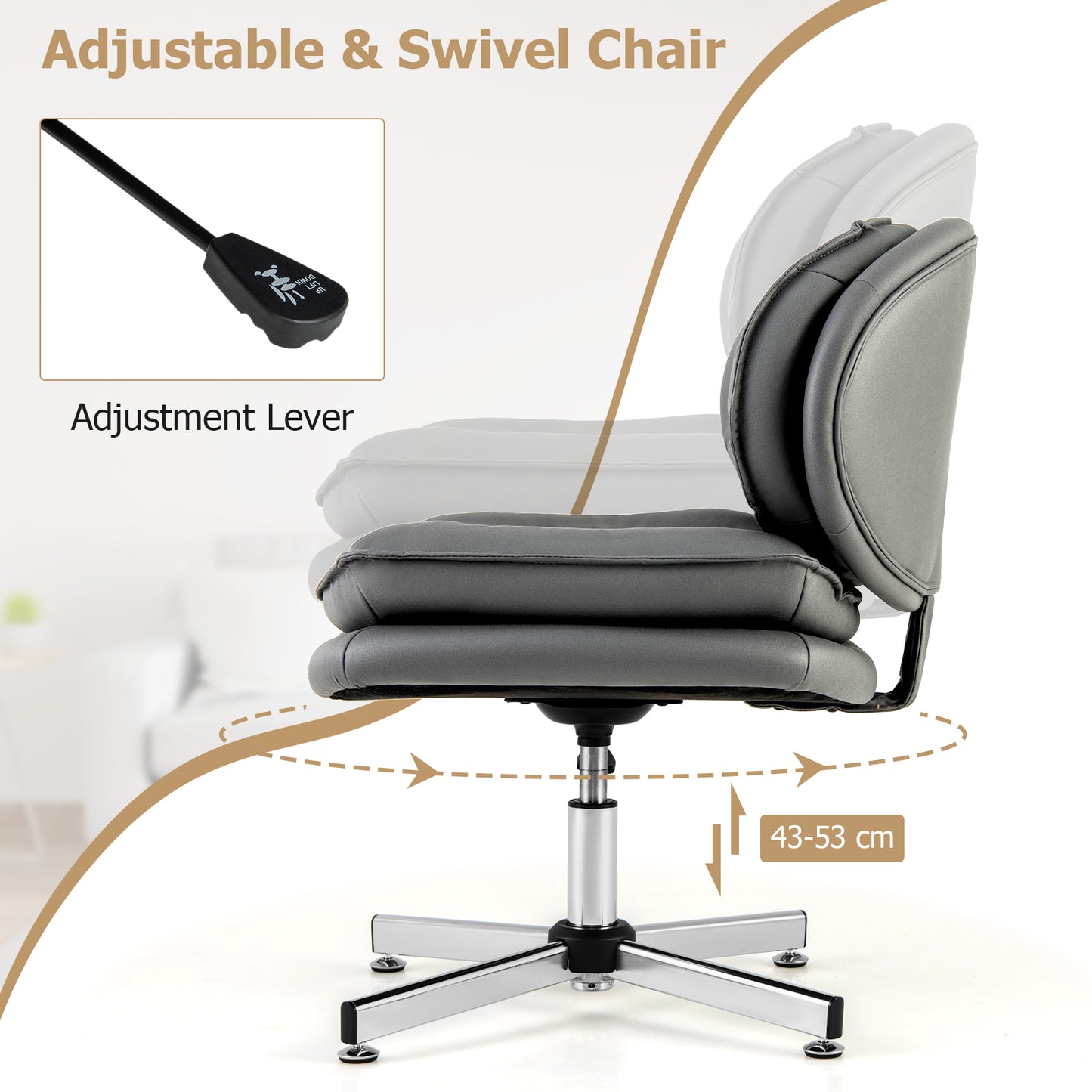 Armless Office Chair with Double Padded Back and Criss Cross Metal Base-Grey