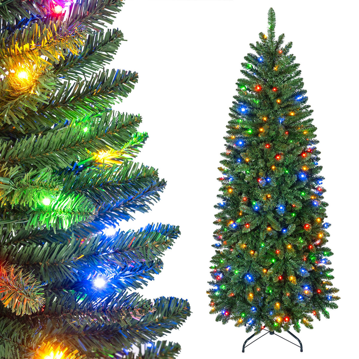 Artificial Pine Xmas Tree with Full Branch Tips LED Lights with 2 Colors Folding Metal Stand-1.8M