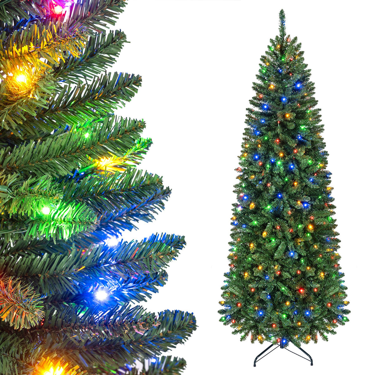 Artificial Pine Xmas Tree with Full Branch Tips LED Lights with 2 Colors Folding Metal Stand-2.1M