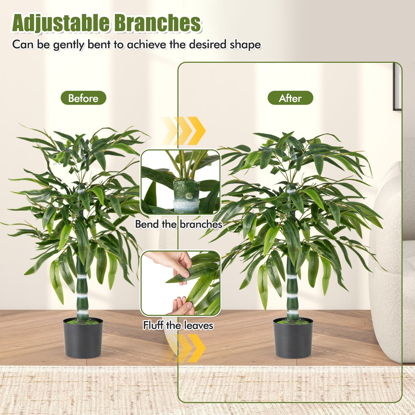 100 CM Artificial Bamboo Tree Set of 2 with Plastic Nursery Pot and Adjustable Branches