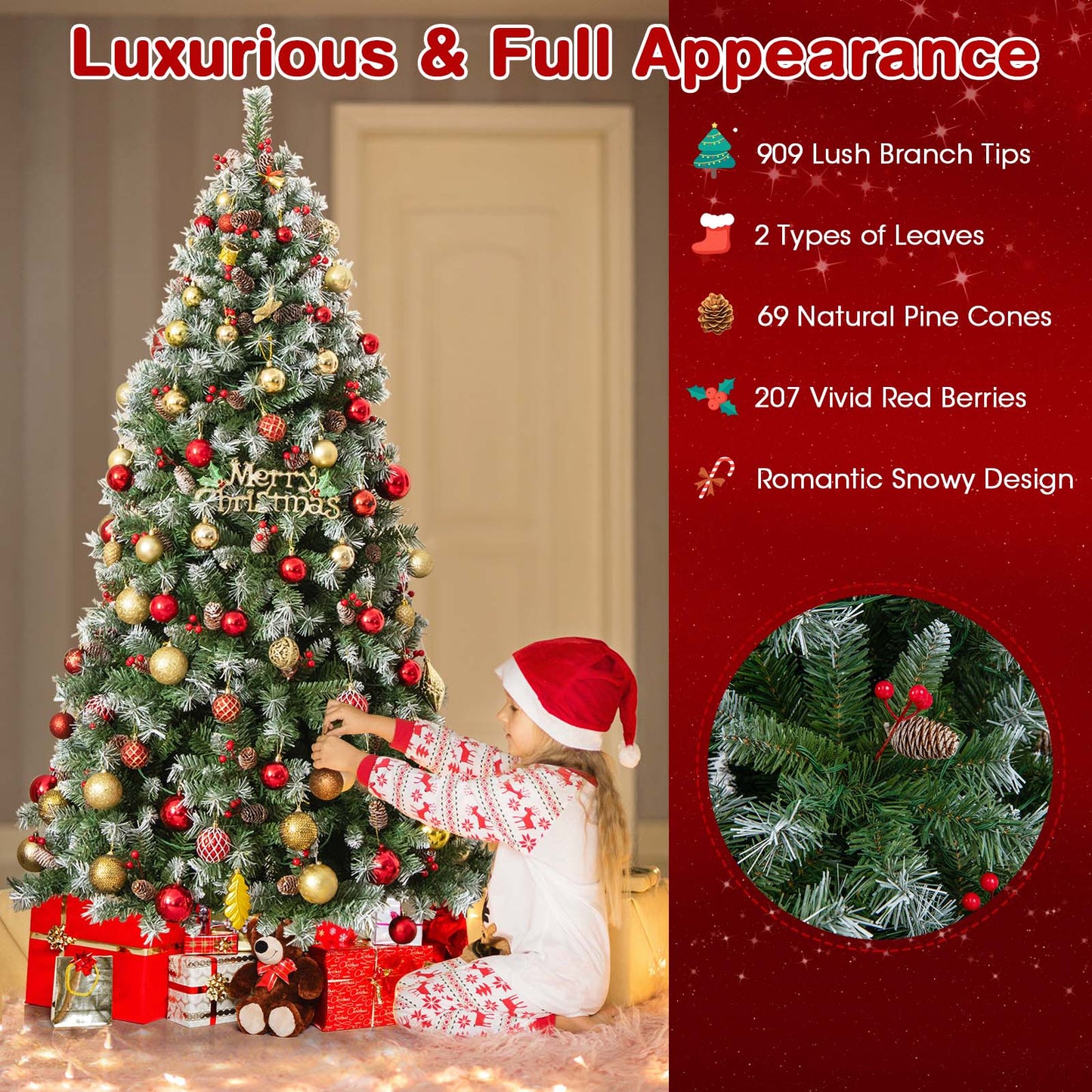 6.5 FT Artificial Xmas Tree with 909 PVC Branch Tips and 420 Warm White LED Lights