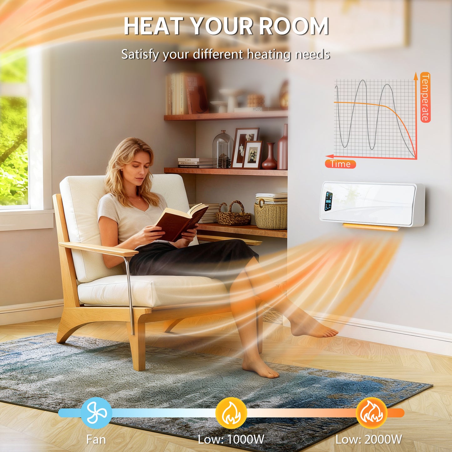 HOMCOM 2000W Ceramic Electric Heater with Fan, Adjustable Thermostat, Wall Mounted - White