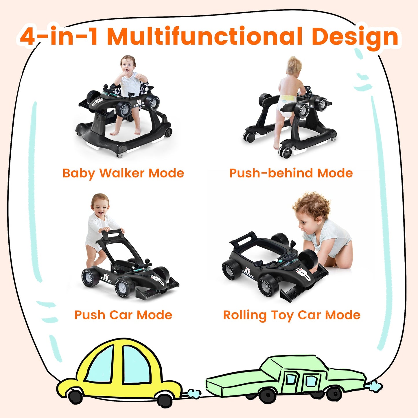 4-in-1 Baby Push Walker with Adjustable Height and Speed-Black