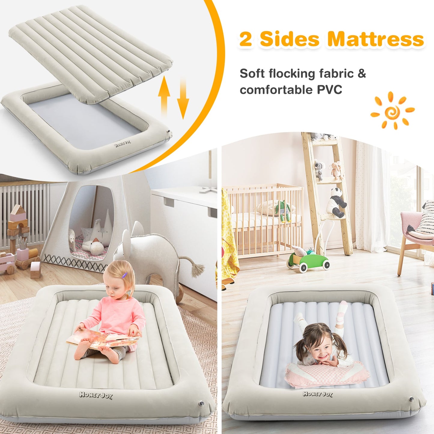 Inflatable Toddler Travel Bed with Electric Pump for Kids Room Bedroom-Grey