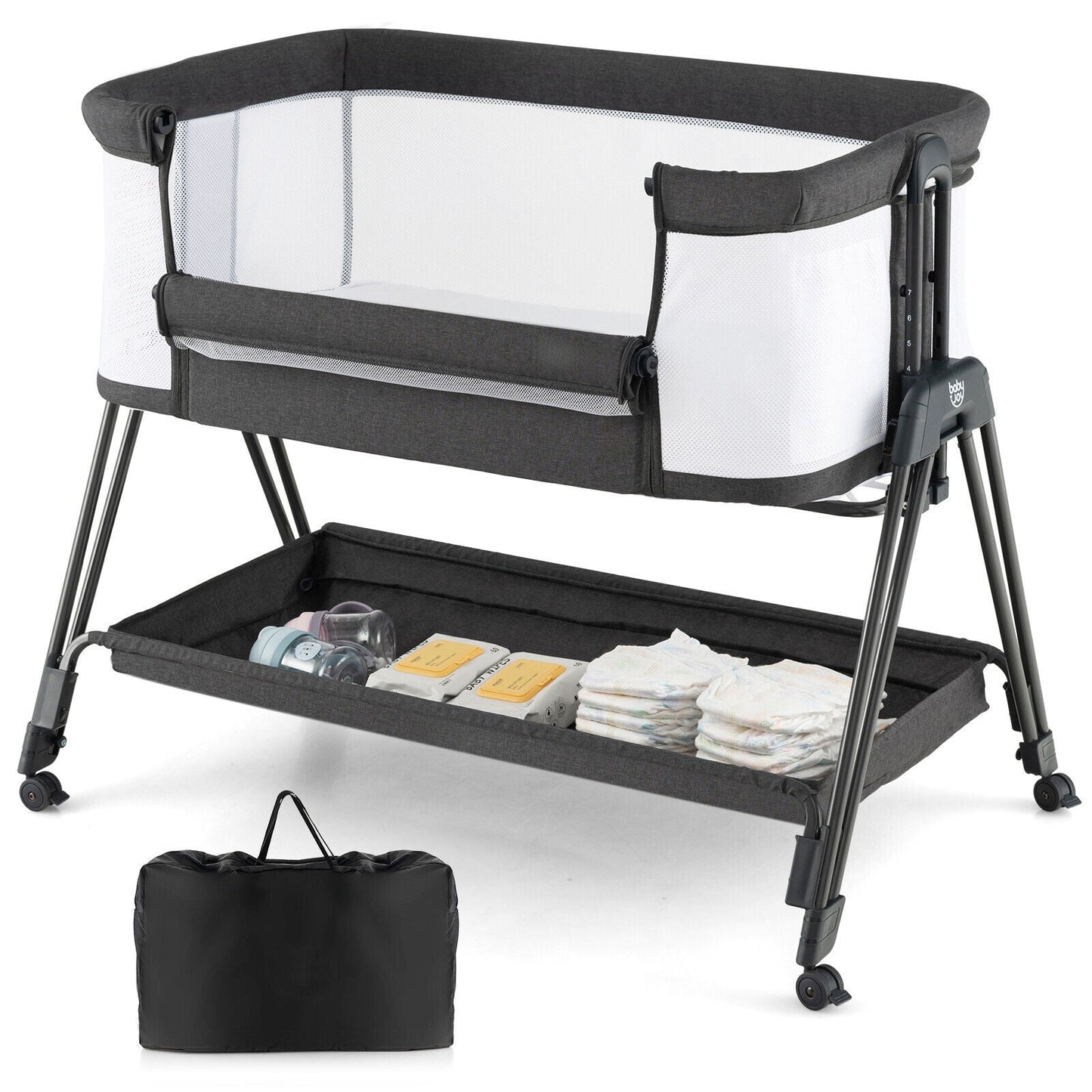 Baby Bedside Crib with Mattress for Birth to 9kg-Grey