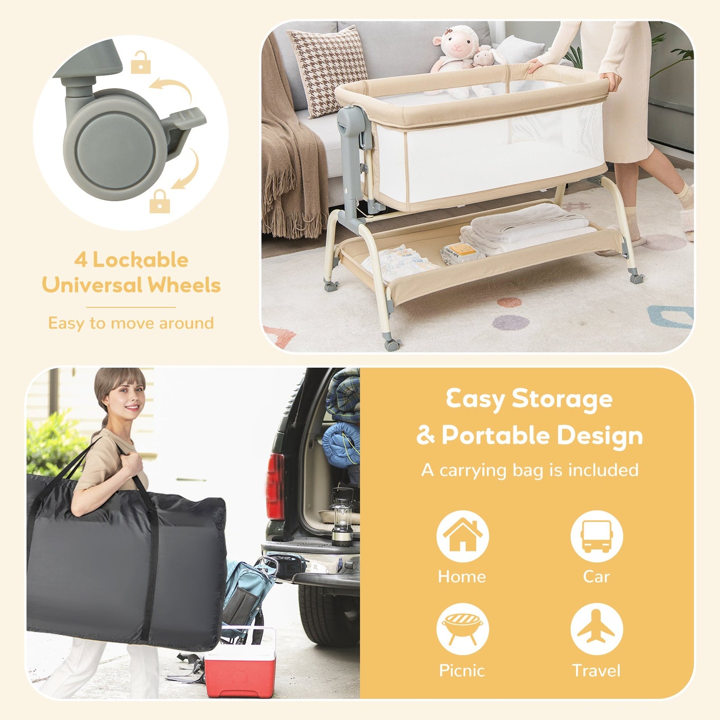 Baby Bassinet with Net with 6 Adjustable Heights-Beige