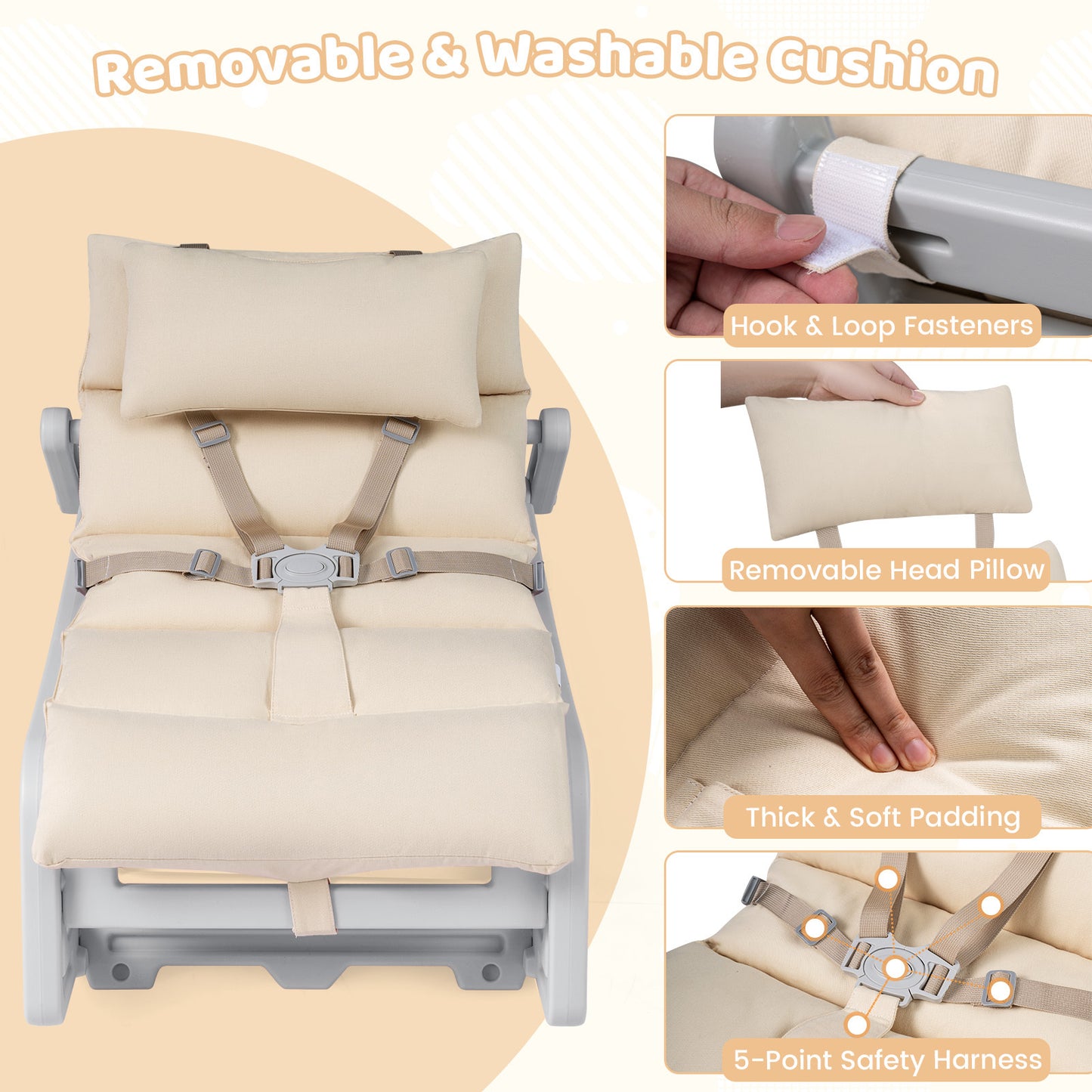 Kids Rocking Chair with Adjustable Backrest and Safety Harness for 6+ Months-Grey