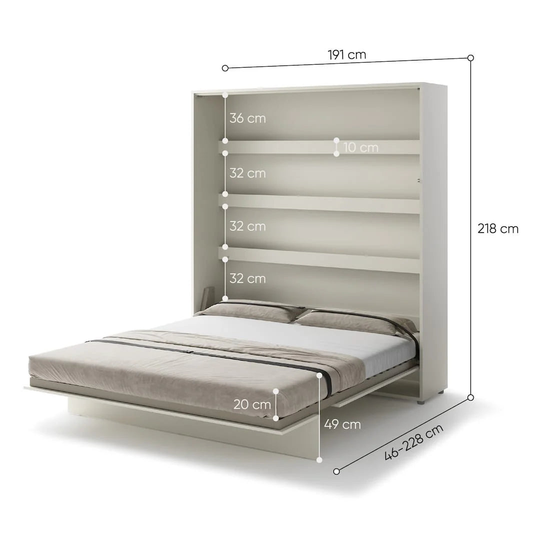 Wall-mounted bed with dimensions labeled on a white background