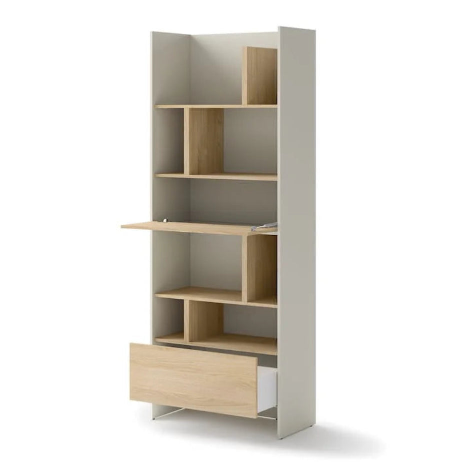 Bookshelf with wooden shelves and a drawer on a white background