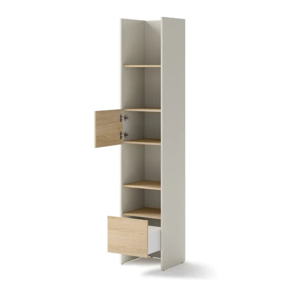 Tall bookshelf with open doors on a white background