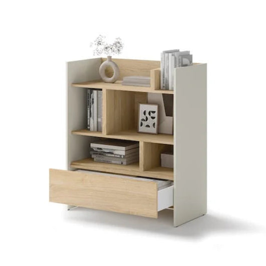 Wooden bookshelf with decorative items on a white background