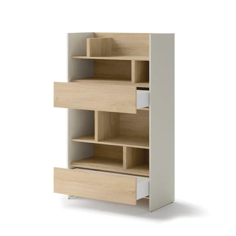 Wooden bookshelf with drawers on a white background