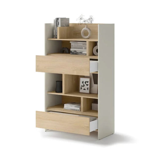 Wooden bookshelf with shelves and drawers on a white background