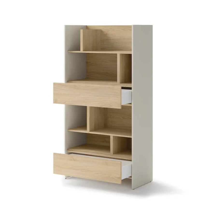 Tall wooden bookshelf with multiple shelves and drawers on a white background