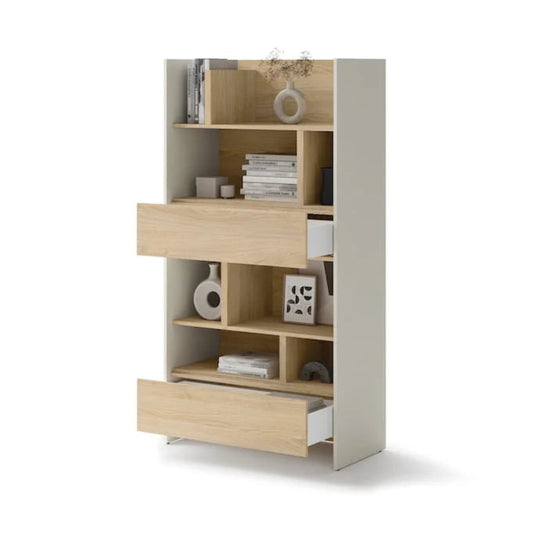 Wooden bookshelf with shelves and drawers on a white background