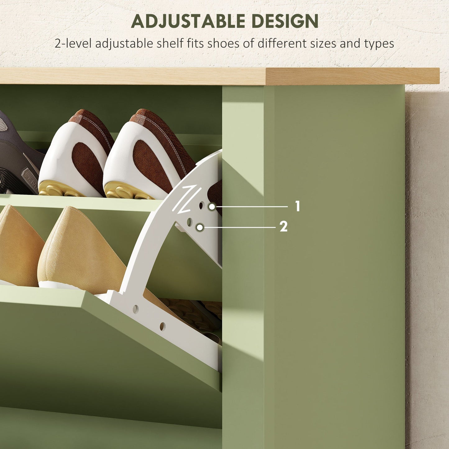 HOMCOM Slim Shoe Cabinet, Narrow Shoe Cupboard with 2 Flip Drawers, Adjustable Shelves for 12 Pairs of Shoes, Green