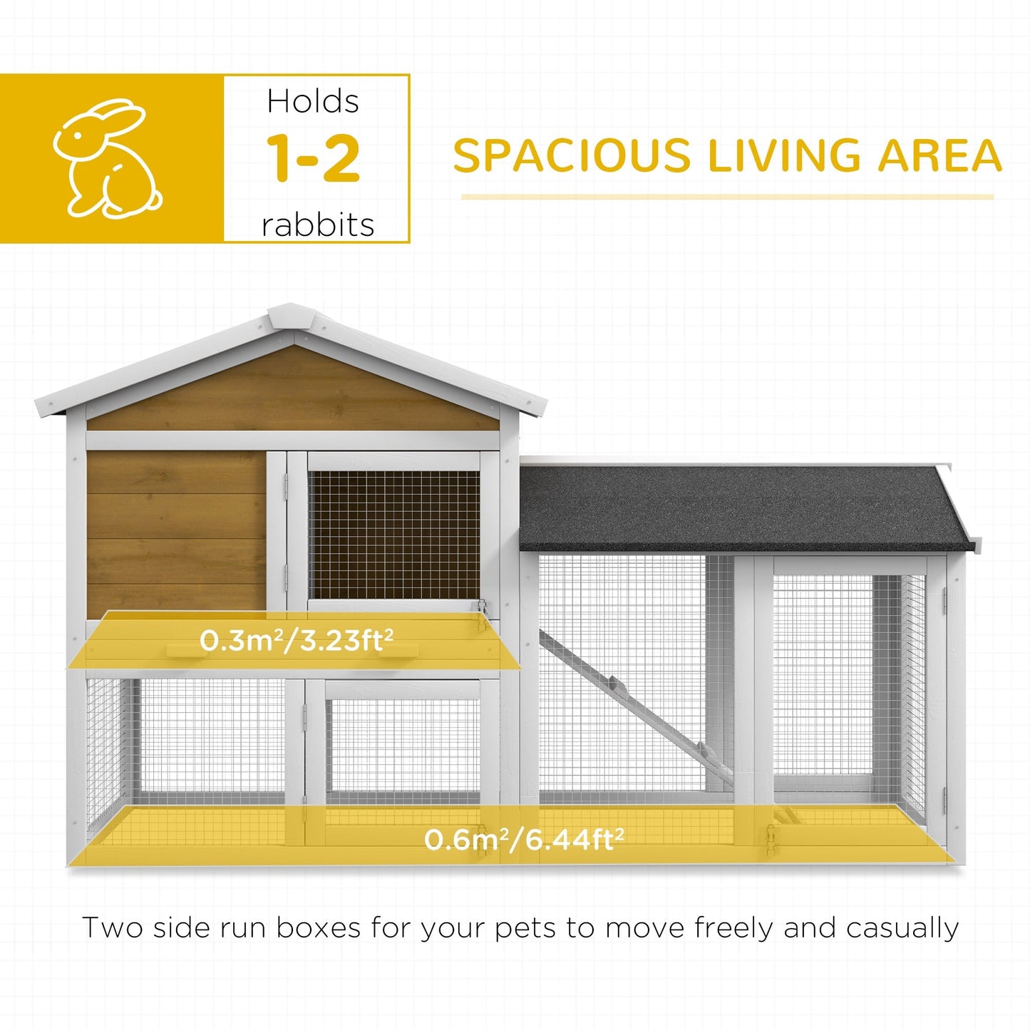 PawHut Wooden Rabbit Hutch Outdoor, Double Tier with Water-Resistant Roof, Ramp 147 x 54 x 84 cm, Yellow