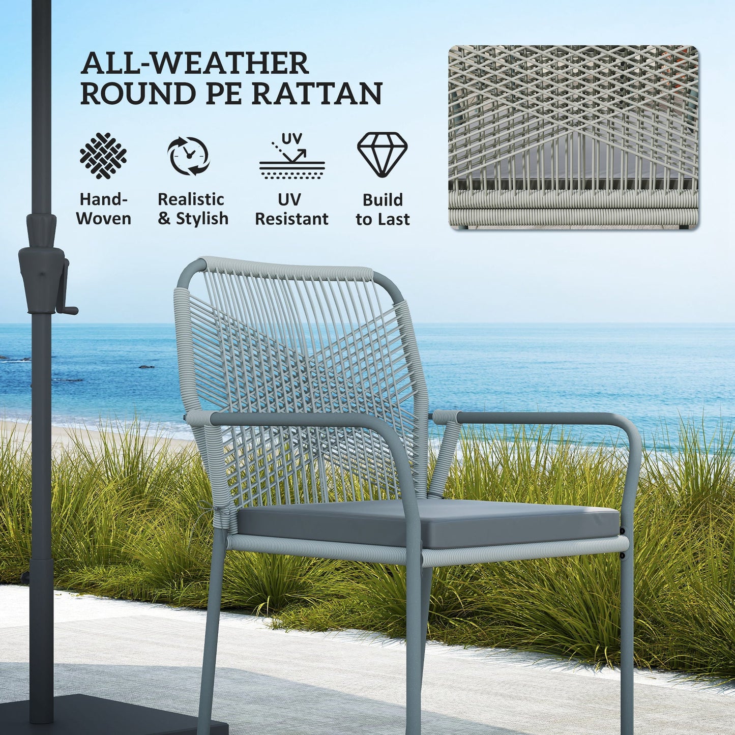 Outsunny Five-Piece PE Rattan Garden Dining Set with Cushions & Stackable Chairs - Light Grey