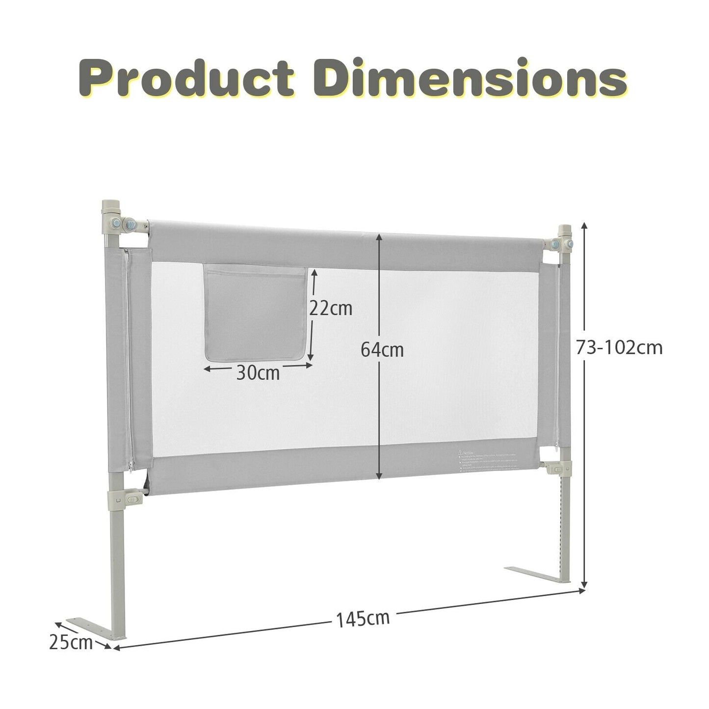 145cm Height Adjustable Bed Rail with Storage Pocket and Safety Lock-Grey