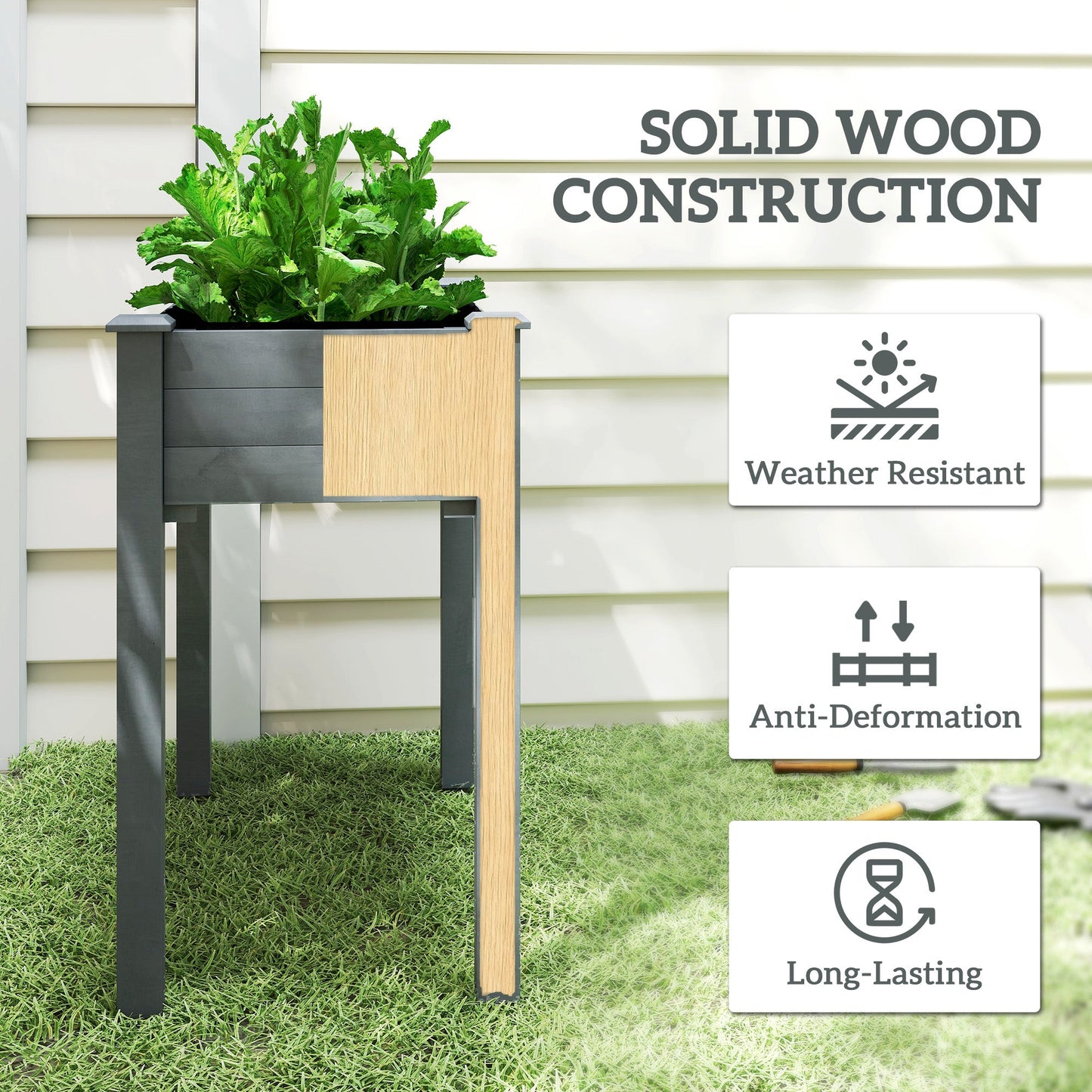 Outsunny Raised Bed for Garden, Wooden Elevated Planter Box with Bed Liner, for Flower Vegetable Herb, Dark Grey