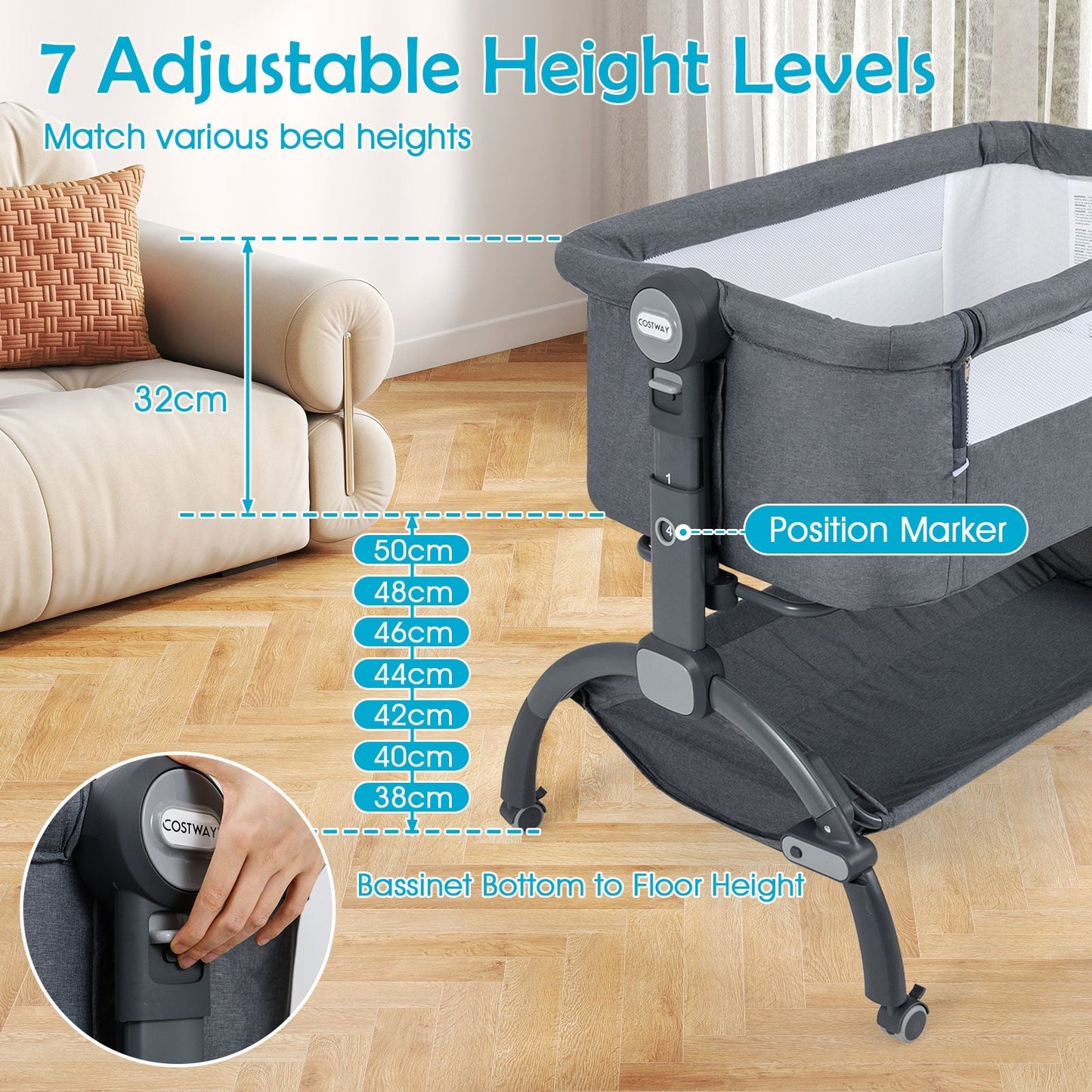 Baby Bassinet Bedside Sleeper with 7-Height Adjustment for Newborns-Grey