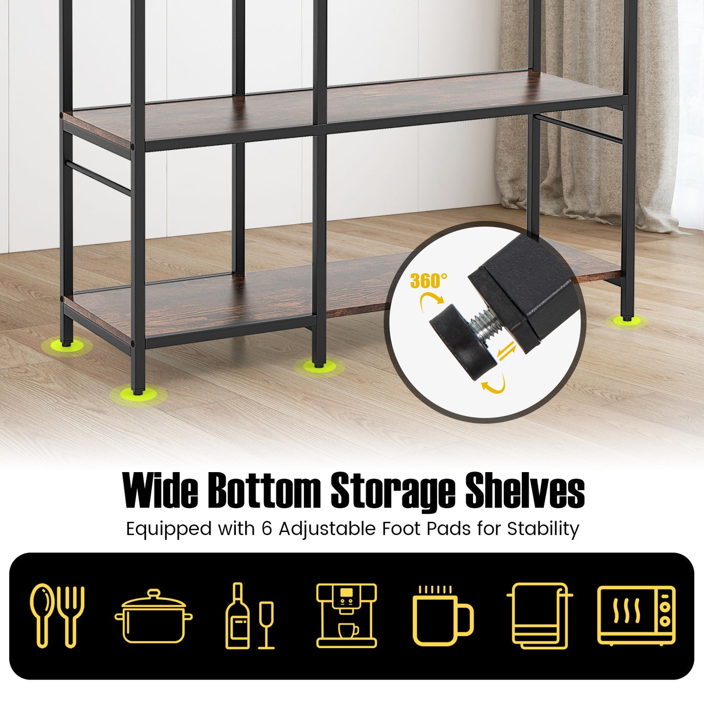 Bakers Rack with Power Outlets and 10 S-Shaped Hooks-Coffee