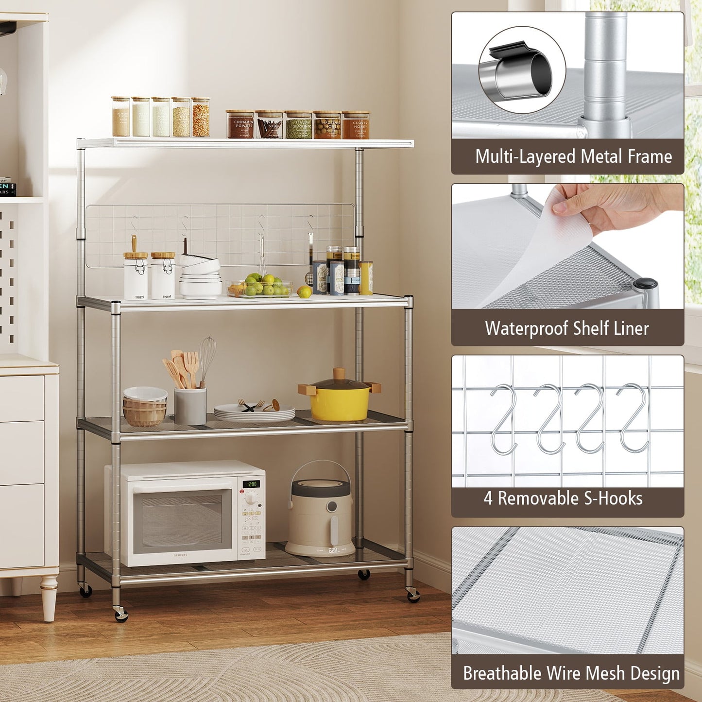 Bakers Rack on Wheels with Adjustable Shelves and Shelf Liner-Silver