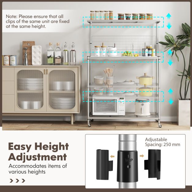 4-Tier Bakers Rack on Wheels with Adjustable Shelves-Silver