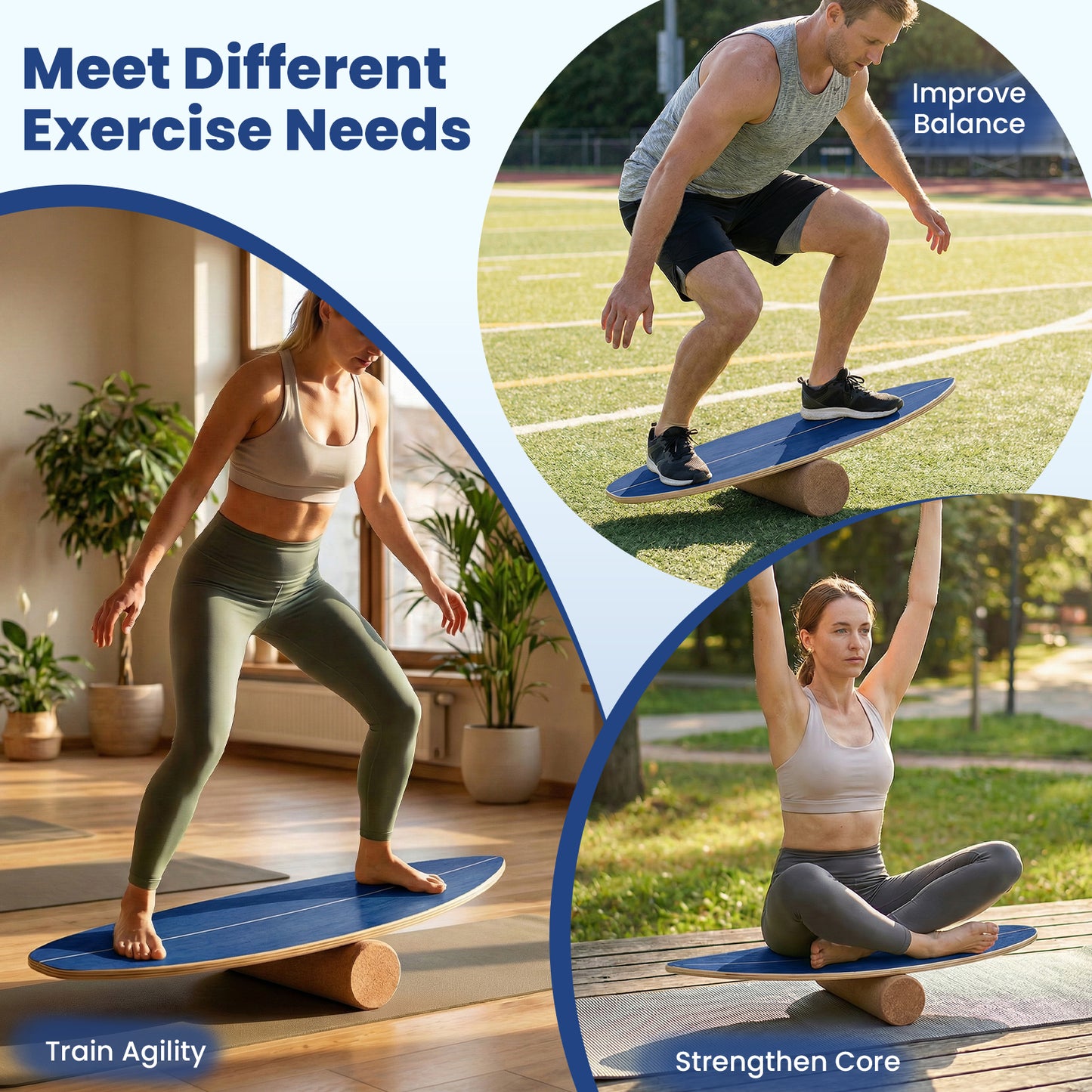 Balance Board Trainer for Adults Wooden Balancing Board with Cork Roller and Storage Rack to Exercise-Blue