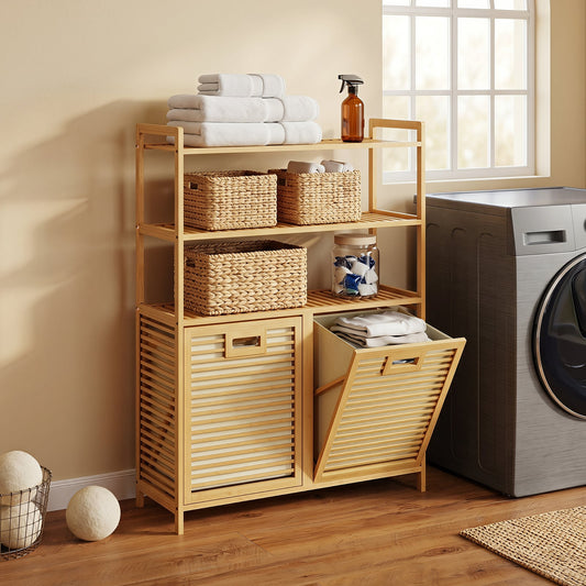 Bamboo Double Tilt Out Laundry Hamper with 3 ShelvesFreestanding Storage Cabinet-Natural