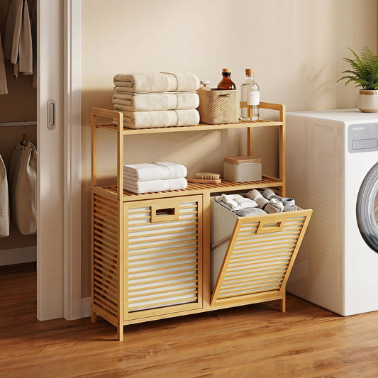 Bamboo laundry basket with Handles and Removable Liner Bags-Natural