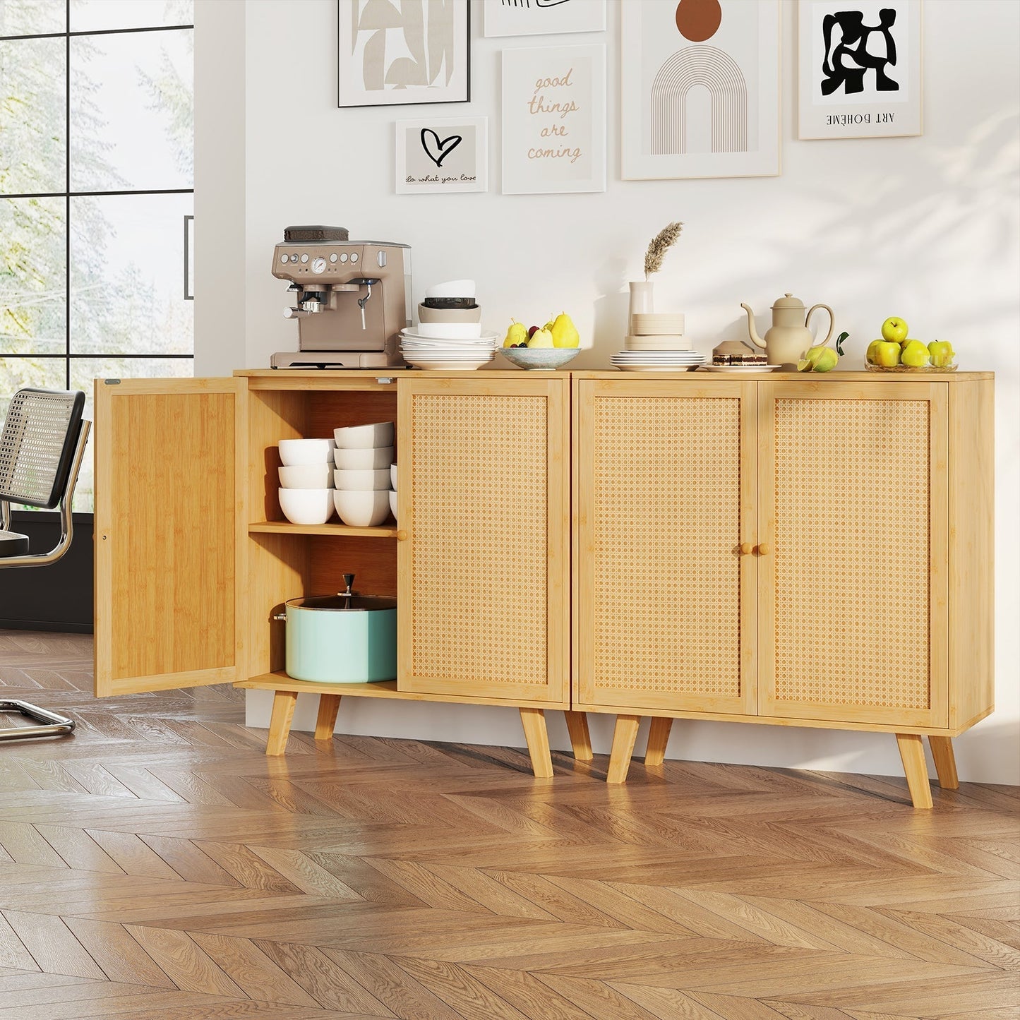 Bamboo Buffet Storage Cabinet with PE Rattan Doors and Freestanding Kitchen Cupboard-Natural