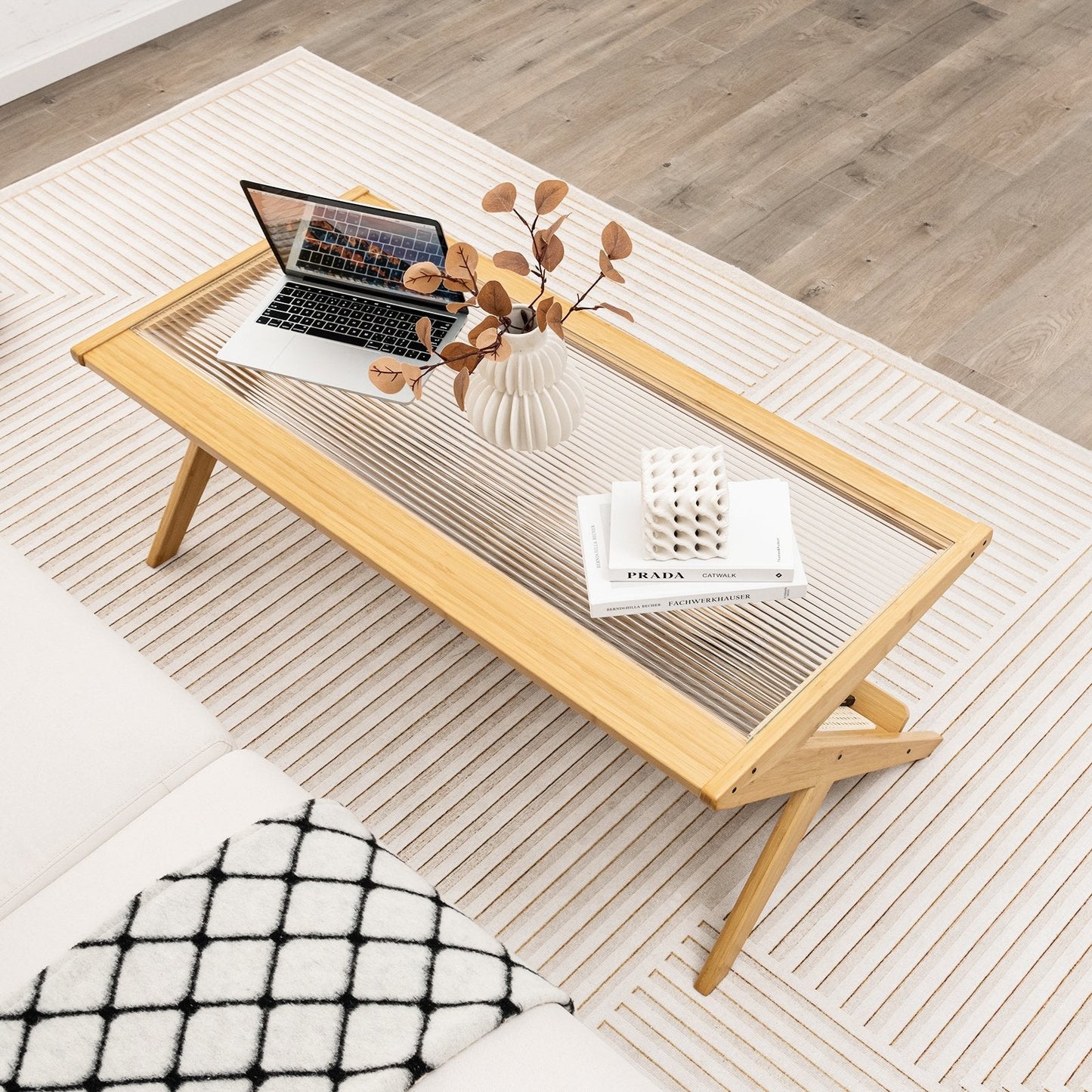 Bamboo Coffee Table with Glass Tabletop-Natural