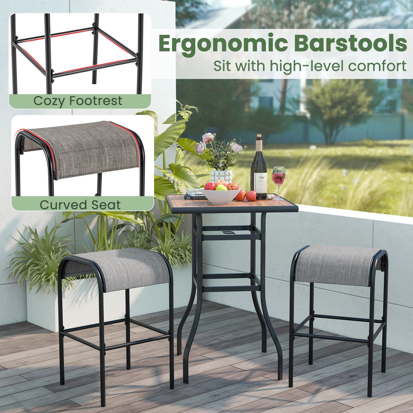 Metal Bar Height Bistro Stools Set of 2 with Curved Fabric Seat for Backyard Porch Poolside-Coffee