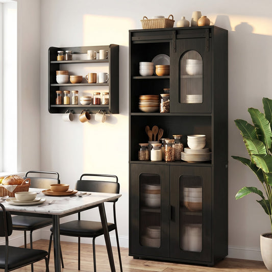 Bathroom Floor Cabinet with Shelves and Sliding Barn Door-Black