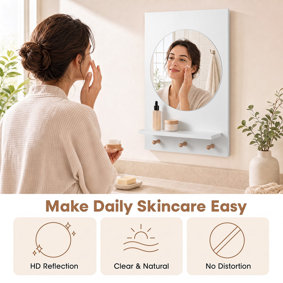 Bathroom Mirror with Storage Shelf and Hanging Hooks for Bath-White