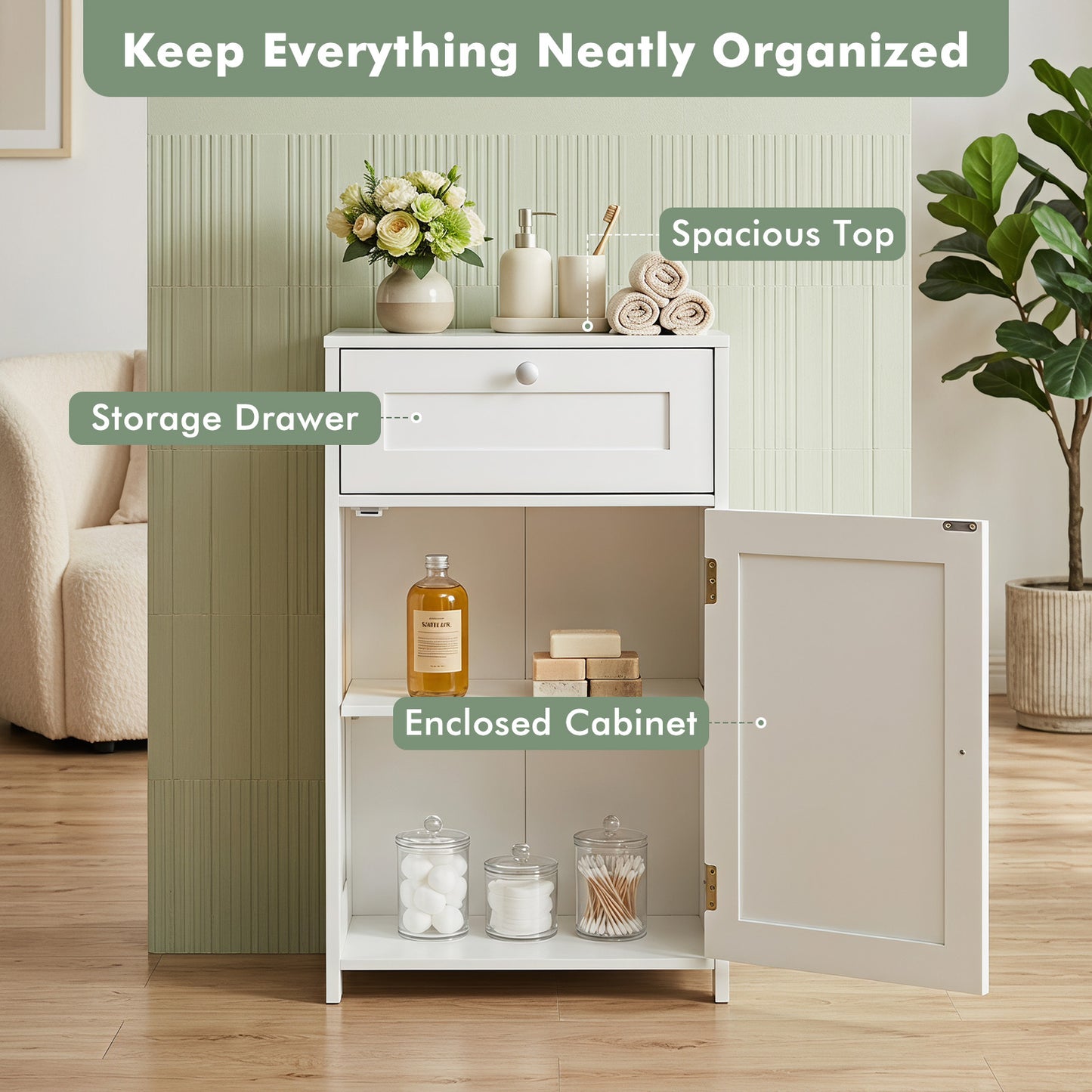 Bathroom Storage Cabinet with Drawer & Door with Anti-Tipping Devices-White