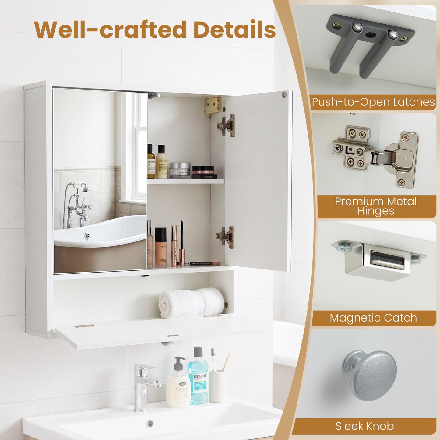 Bathroom Wall Cabinet with 2 Mirrored Doors & Flip-Down Door for Storage-White