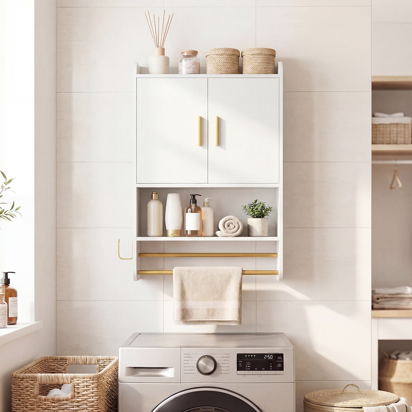 Bathroom Wall Cabinet with Open Shelves and Adjustable Shelf-White
