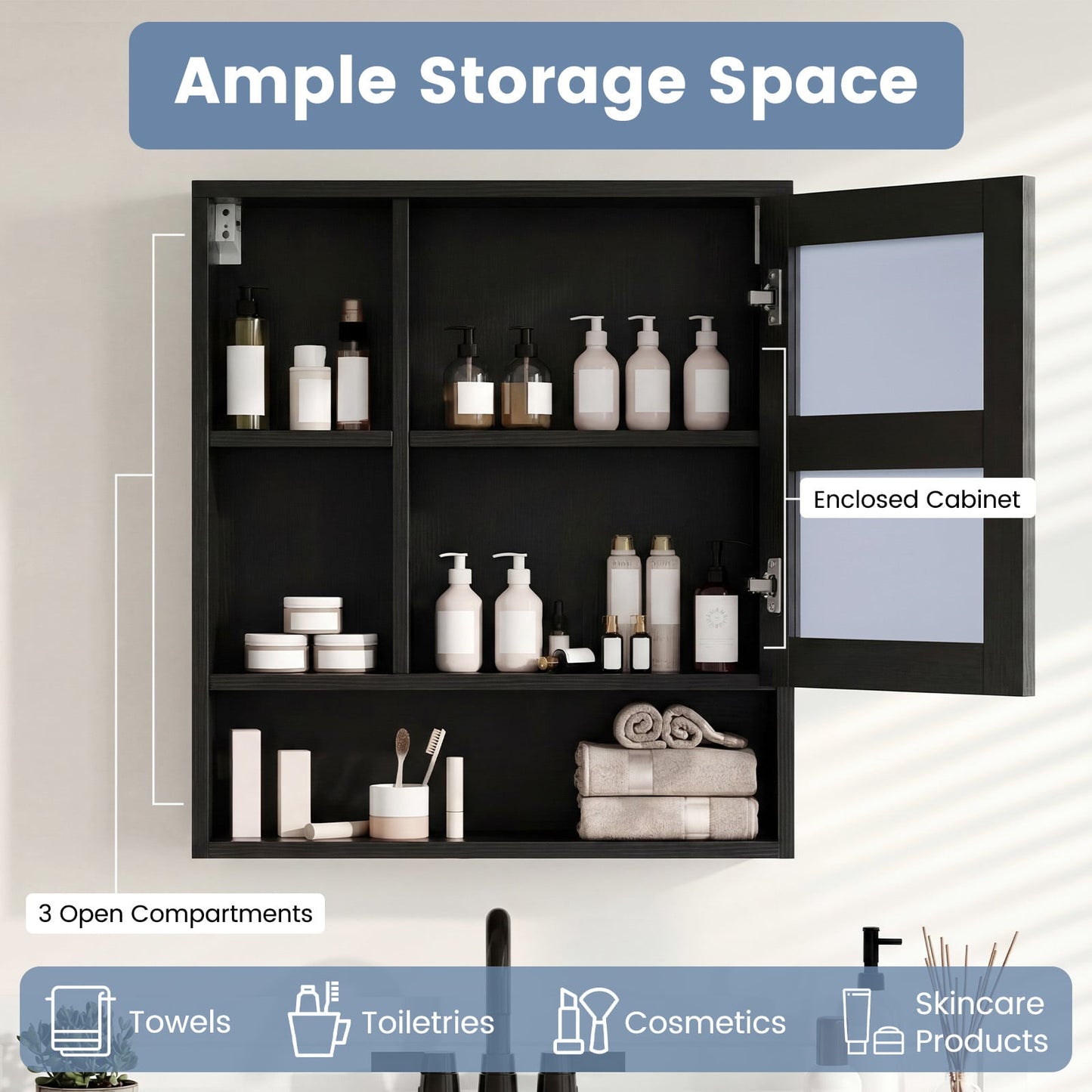 Bathroom Wall Mirror Cabinet with Single Door and 3 Open Shelves-Black