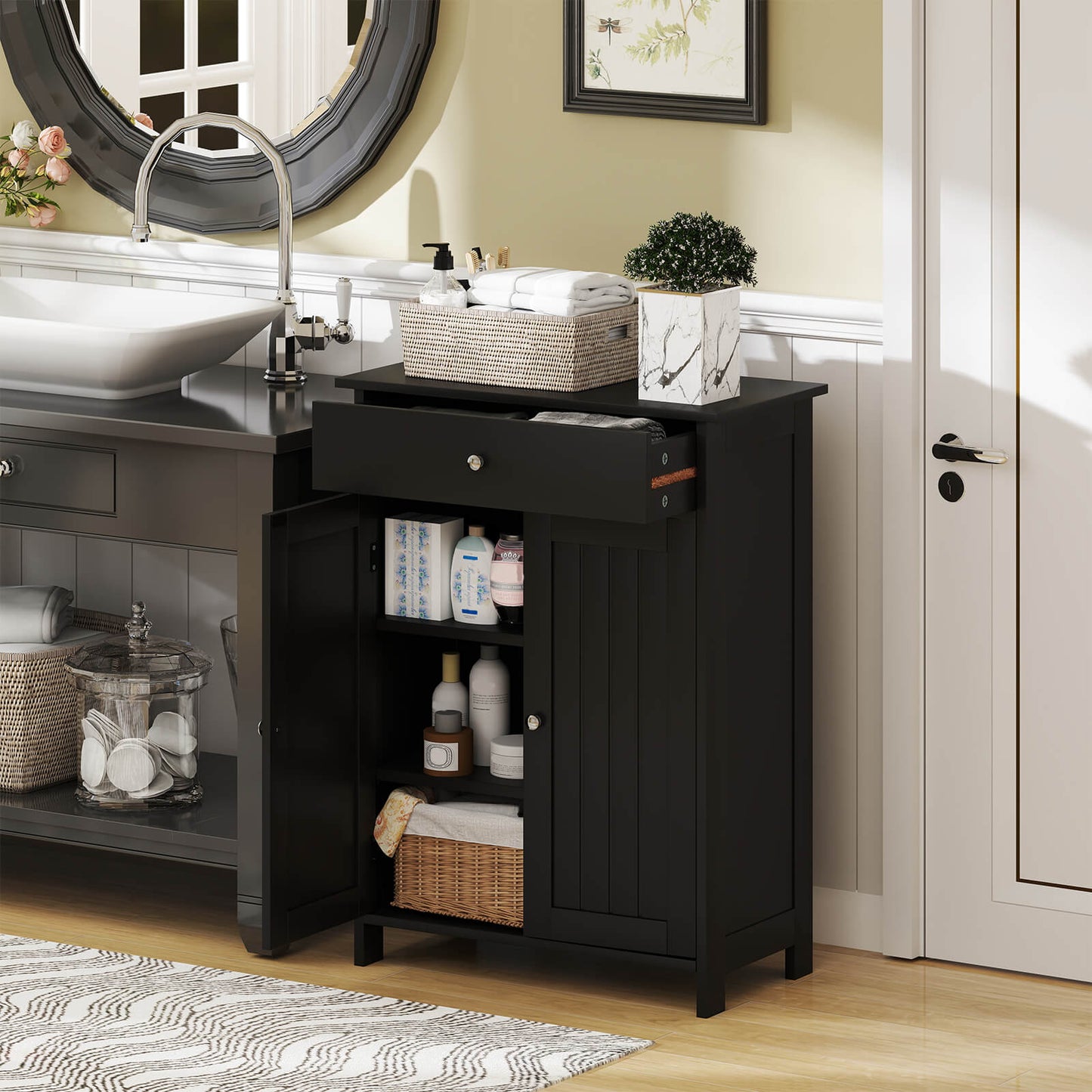 Bathroom Floor Cabinet 2-Door with Drawer and Adjustable Shelf-Black