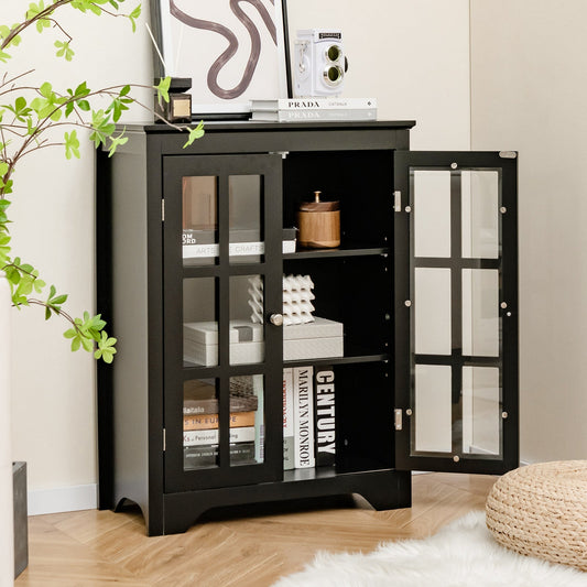 Bathroom Floor Cabinet with 2 Glass Doors and Adjustable Shelves-Black
